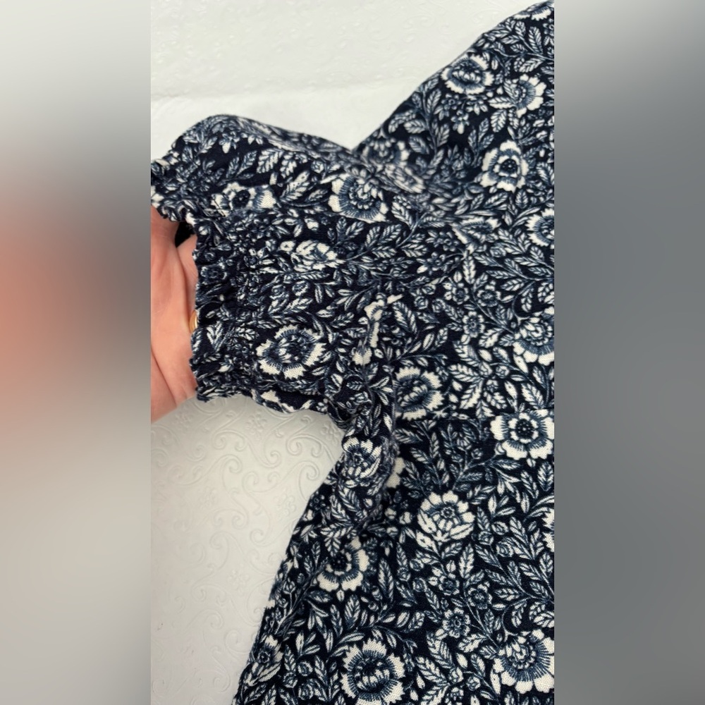 Falls Creek Floral Dark Navy/White Popover Split Neck Linen Blend Hi-low Hem XL - Picture 5 of 10